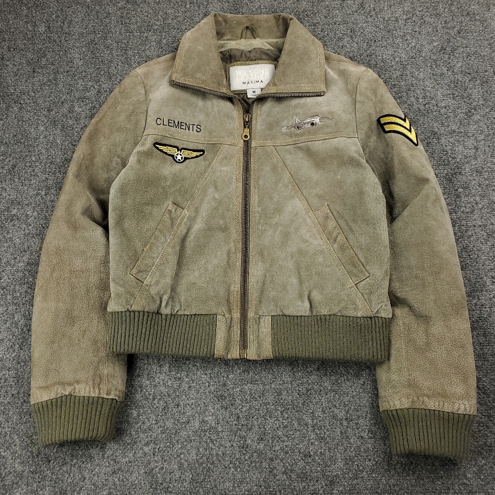 Wilsons Leather Maxima Y2K Suede Flight Bomber Jacket Medium Aviator Patches
